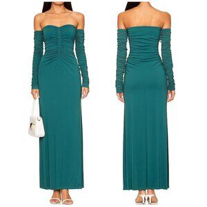 SWF Ruched Off Shoulder Long Sleeve Maxi Dress Teal Green Size Small
